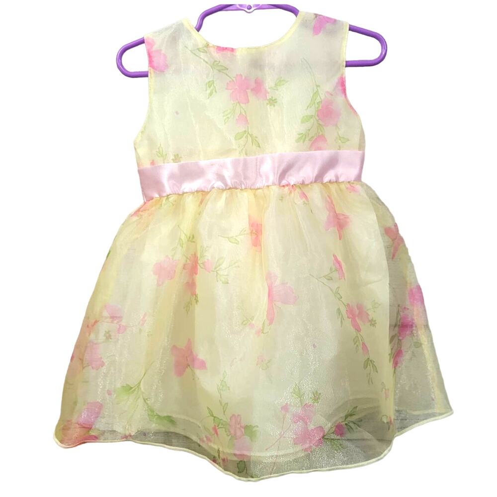 Little Lindsey Yellow & Pink Floral Dress‎ W/ Pink Satin Bow 24 Months